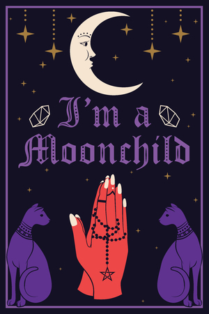 Violet Cats and the Moon. Praying hands holding a rosary. I am a Moonchild text. Can use for t-shirt, textiles and print design. Vector illustration.のイラスト素材