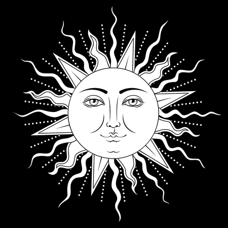 Sun with human face symbol. Black and white vector illustration.のイラスト素材