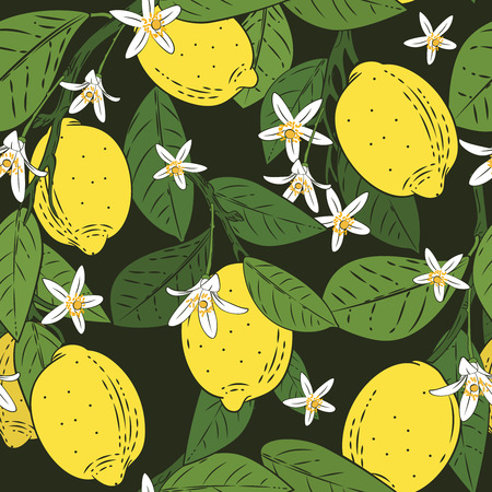 Seamless pattern of branches with lemons, green leaves and flowers on black. Citrus fruits background. Vector illustration.のイラスト素材