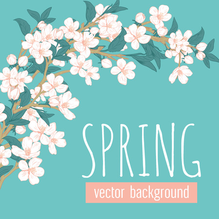 Branches with flowers on blue turquoise background and sample text Spring. Floral card template. Vector illustration. For wedding, birthday, valentine, mothers day, greeting cardsのイラスト素材