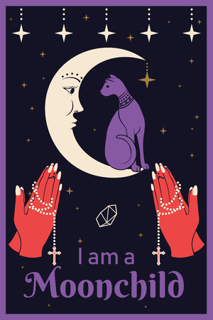 Cat on the Moon. Praying hands holding a rosary. I am a Moonchild text. Can use for t-shirt, textiles and print design. Vector illustration.のイラスト素材