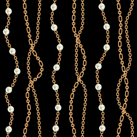 Seamless pattern background with pears and chains golden metallic necklace. On black. Vector...