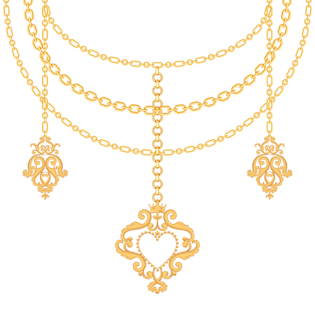 Background with chains golden metallic necklace and pendant with heart. On white. Vector illustrationのイラスト素材