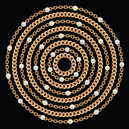 Round pattern made with golden chains and pearls. On black. Vector illustration. Can use for t shirt design, textile, clothes, as paper printのイラスト素材