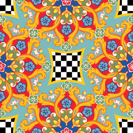 Seamless bright background. Colorful ethnic round ornamental mandala. Trendy pattern. Vector illustration.のイラスト素材
