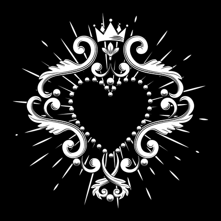 Beautiful ornamental heart with crown in white color isolated on black background. Vector illustration.のイラスト素材