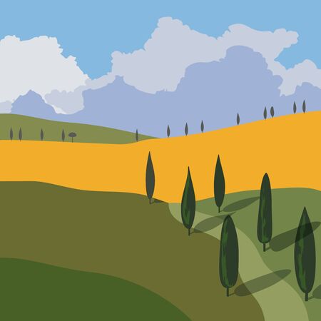 Landscape with mountains and hills. Tuscany, outdoor recreation background.のイラスト素材
