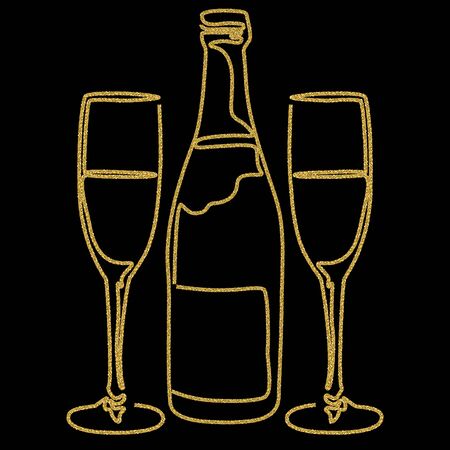 Festive design with gold glitter texture element. Bottle and glasses of champagne wine on black background. Holidays vector illustration for calendar, party invitation, card, poster, banner webのイラスト素材