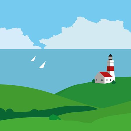 Landscape with sea, a lighthouse and yachts. Vector illustration.のイラスト素材