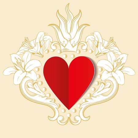 Red paper love heart with ornamental floral decoration. Vector illustration. St Valentine. Beautiful design element for t-shirt design, save the date, wedding invitations, greeting cardsのイラスト素材