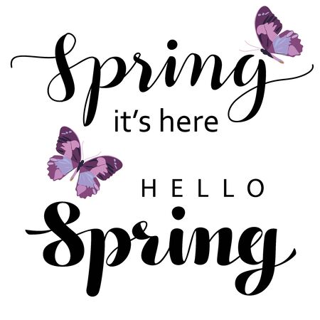  alligraphic lettering Spring. With butterflies. Isolated on a white background. Set collection for design. Vector illustration.のイラスト素材