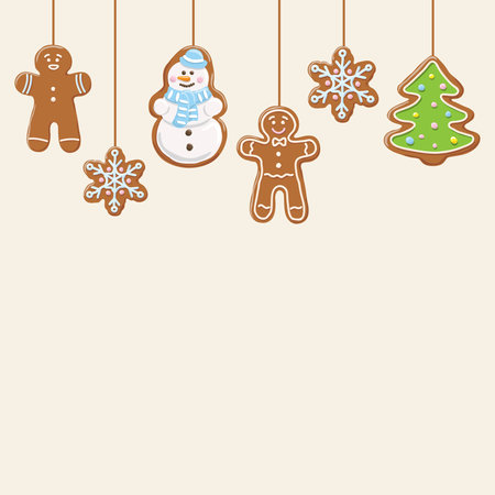 Hanging gingerbread man, tree, snowman and stars cookiesのイラスト素材