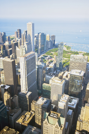 Chicago skyline and lake Michigan. An overhead view of the great city of Chicago downtown taken from the Willis (Sears) Tower. Vertical composition.の写真素材