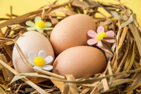 Close up, macro. Easter celebration. Brown eggs in a nest of straw. The decor of the felt flowers of...