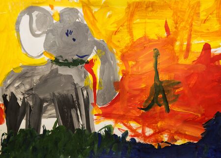 Close up. Baby elephant on a walk. Children's drawing paints. Creative activities with children 4-5 years old on the development of fine motor skills. Craft in the kindergarten.の写真素材