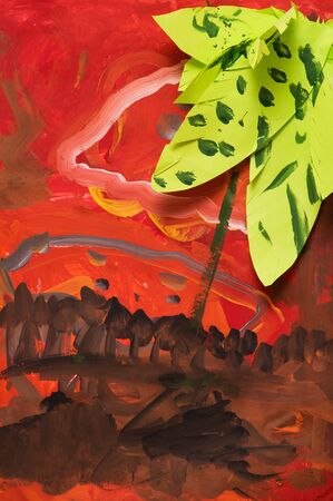 Close up. Tropical beach at sunset. Children's drawing with paints and application of palm trees. Creative activities with children 4-5 years old on the development of fine motor skills.の写真素材