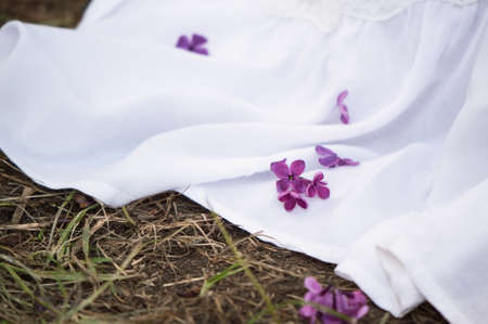 Close up, macro. The hem of the white skirt lies on the grass, lilac petals are strewn on top. Wedding, wellness.の写真素材