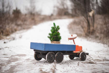 Close up. A toy wooden truck carries a small Christmas tree in the back. Road in the winter forest...