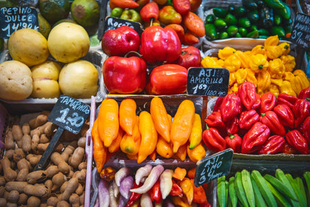 Close up, top view. Different multicolor vegetables on the counter at a Spanish bazaar Mercado de La Boqueria.の写真素材