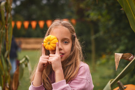 Close up. Portrait of a child girl on Pumpkin farm. Long-haired 8 years old girl covers her eye with tiny pumpkin.の写真素材