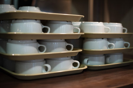 Close up, crop. White coffee cups stacked in rows in a restaurant.の写真素材