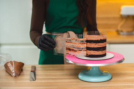 Close-up. A confectioner in a green apron removes the transparent packaging from the cake, which she plans to decorate with cream.の写真素材