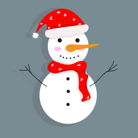 Snowman with red hat and scarf on gray background. Vector illustration.のイラスト素材