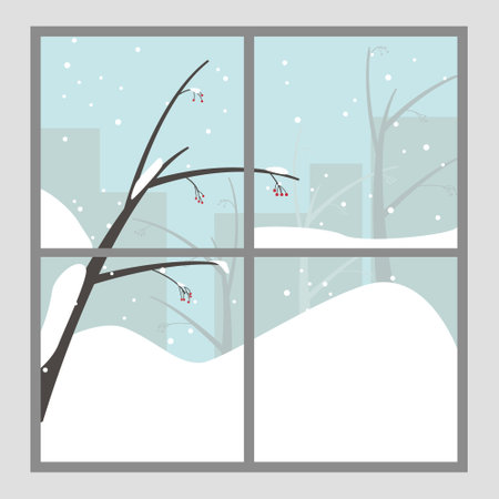 Winter landscape with trees and snowflakes. Vector illustration in flat styleのイラスト素材
