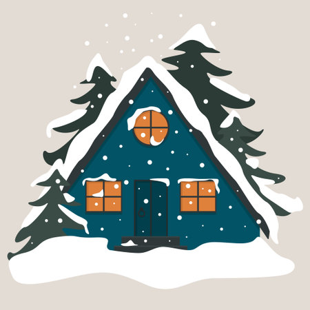 Triangular wooden blue cabin. House beetwen the trees. Snowy landscape in the winter season. Cozy building in nature. Illustration for children's book or tourist vacation in the forestのイラスト素材
