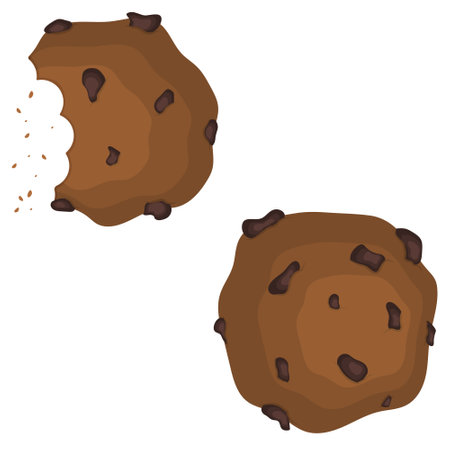 Cookies with chocolate drops. Bitten biscuit with crumbs. Sweet pastries in cartoon style. Vector illustration for culinary magazines, restaurant menus and bakeries bannersのイラスト素材
