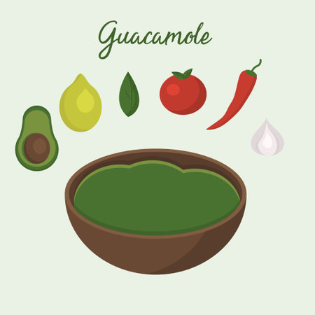 Illustration of guacamole with ingredients. Traditional Mexican foodのイラスト素材