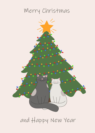 Christmas card with a big green tree with a star and a garland and a couple of cute cats underneathのイラスト素材