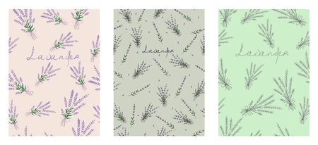 Set of three templates for covers for diaries and notebooks with lavender sprigs on purple and green backgrounds. Vector seamless patterns with flowersのイラスト素材