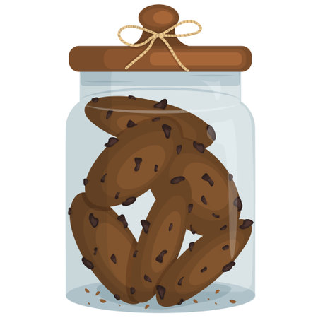 Glass jar with cookies with chocolate drops. Pastries in cartoon style. Vector illustration for bakery menu and food banners isolated on white backgroundのイラスト素材