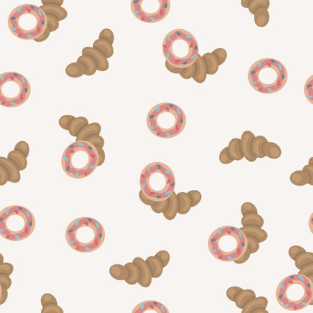 Seamless pattern with croissants and donuts covered with caramel and sprinkled with multi-colored crumbs on a beige background. Sweet pastry illustration.のイラスト素材