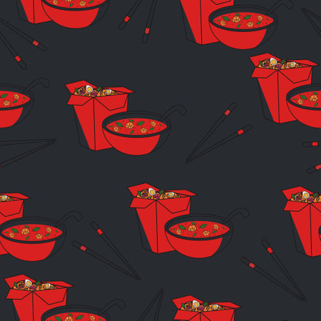 Chinese tom yam and wok noodles to go in red and black colors. Seamless pattern with asian foodのイラスト素材