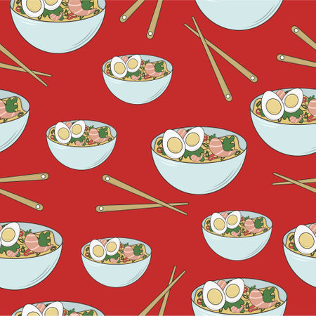 Seamless pattern with bowl with ramen and chopsticks on red background. Illustration on the theme of asian foodのイラスト素材