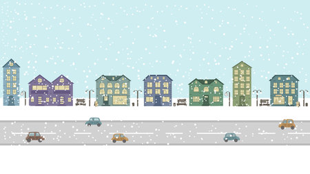 Panoramic view of the street with houses and the road with cars. Winter snowy city. Illustration with buildings and urban details. People's houses and a coffee shop and a bakery between them.のイラスト素材