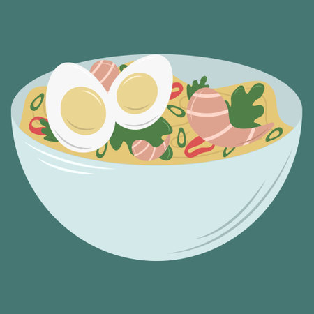 Noodles with vegetables, eggs and shrimp. Illustration of asian food in cartoon styleのイラスト素材
