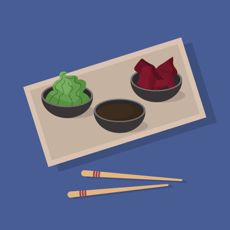 Illustration of Asian food. Soy sauce, ginger and wasabi for sushiのイラスト素材