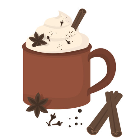 Pumpkin spice latte with whipped cream in the red cup. Seasonal illustration of drink with cinnamon, star anise and clove on white background.のイラスト素材
