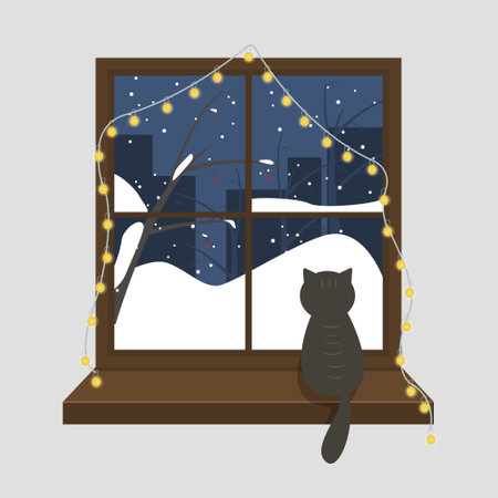 Window with a garland with winter evening and a cat on the windowsill. Christmas seasonal illustration with a snowy city with silhouettes of viburnum trees and holiday lightsのイラスト素材