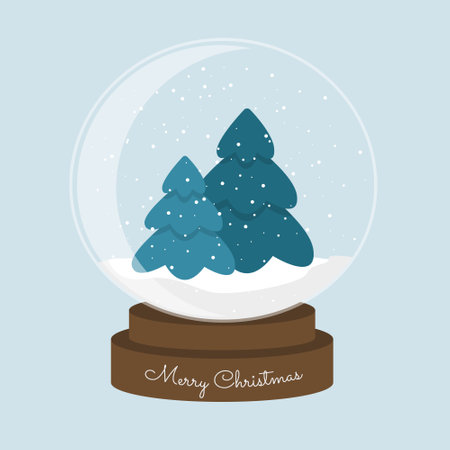 Holiday decoration glass snow globe with evergreens. Merry Christmas banner on blue background.のイラスト素材