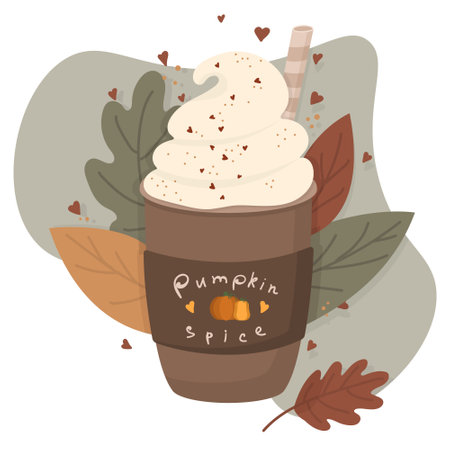 Autumn illustration with pumpkin spice latte with whipped cream. Greeting seasonal card of bevarage with leaves with hearts on the background.のイラスト素材