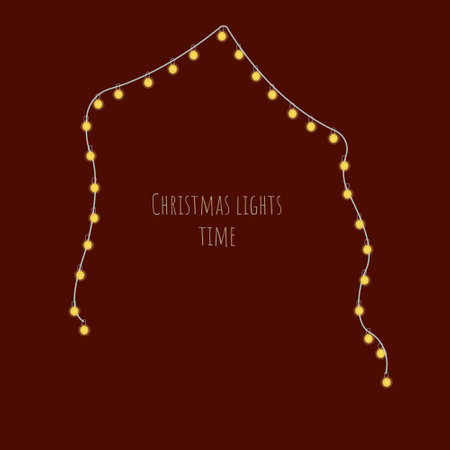 Christmas lights time banner. Illustration of a festive garland on a red background. Seasonal greeting cardのイラスト素材