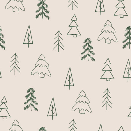 Seamless pattern on a beige background with hand drawn Christmas trees in a Scandinavian simple...