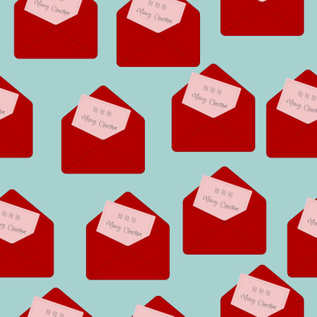 Seamless pattern with letters in red envelopes from Santa. Festive background. Merry Christmasのイラスト素材