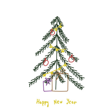 Happy New Year doodle postcard. Hand-drawn Christmas tree with gifts. Season greeting card in Scandinavian style.のイラスト素材