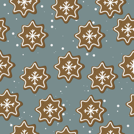 Seamless pattern with hand drawn gingerbread snowflakes. Background with traditional Christmas pastries. Winter doodles for holiday giftsのイラスト素材