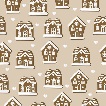 Seamless pattern with hand drawn gingerbread houses. Background with traditional Christmas pastries. Winter doodles for New Year and Valentine's Dayのイラスト素材